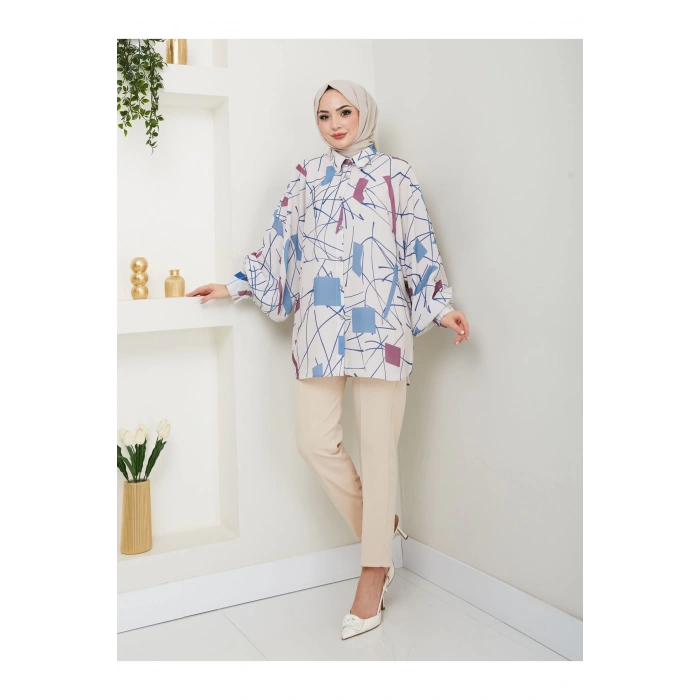 DESENLİ JESİCA GÖMLEK STANDERT BEDEN UZUN KOL 2502 MAVİ