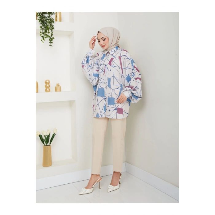 DESENLİ JESİCA GÖMLEK STANDERT BEDEN UZUN KOL 2502 MAVİ