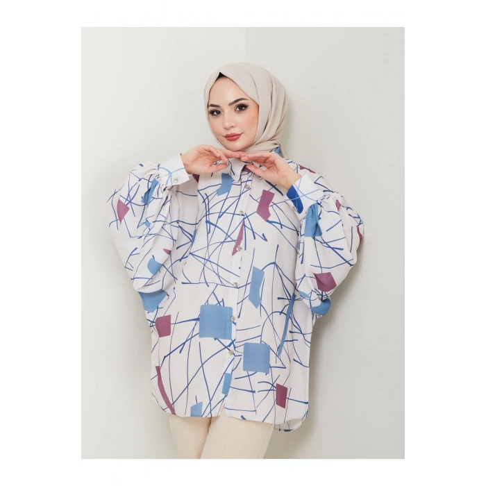 DESENLİ JESİCA GÖMLEK STANDERT BEDEN UZUN KOL 2502 MAVİ