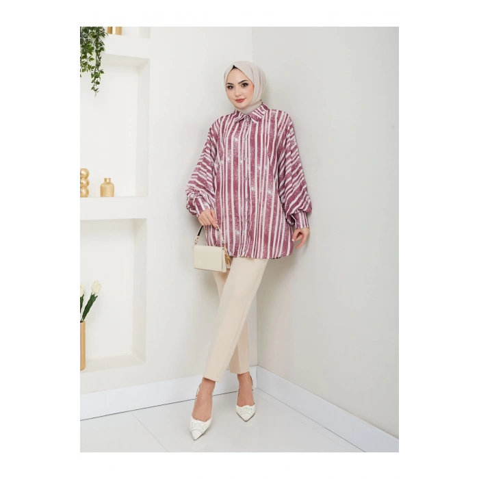 DESENLİ JESİCA GÖMLEK STANDERT BEDEN UZUN KOL 2503 BORDO