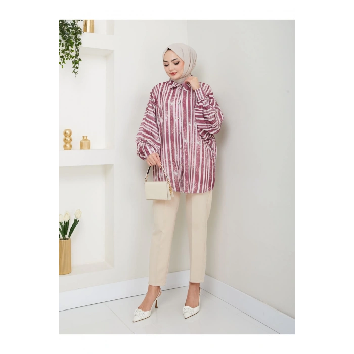 DESENLİ JESİCA GÖMLEK STANDERT BEDEN UZUN KOL 2503 BORDO