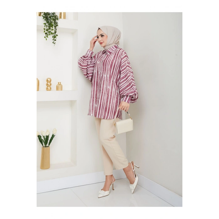 DESENLİ JESİCA GÖMLEK STANDERT BEDEN UZUN KOL 2503 BORDO