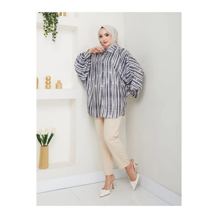 DESENLİ JESİCA GÖMLEK STANDERT BEDEN UZUN KOL 2503 SİYAH