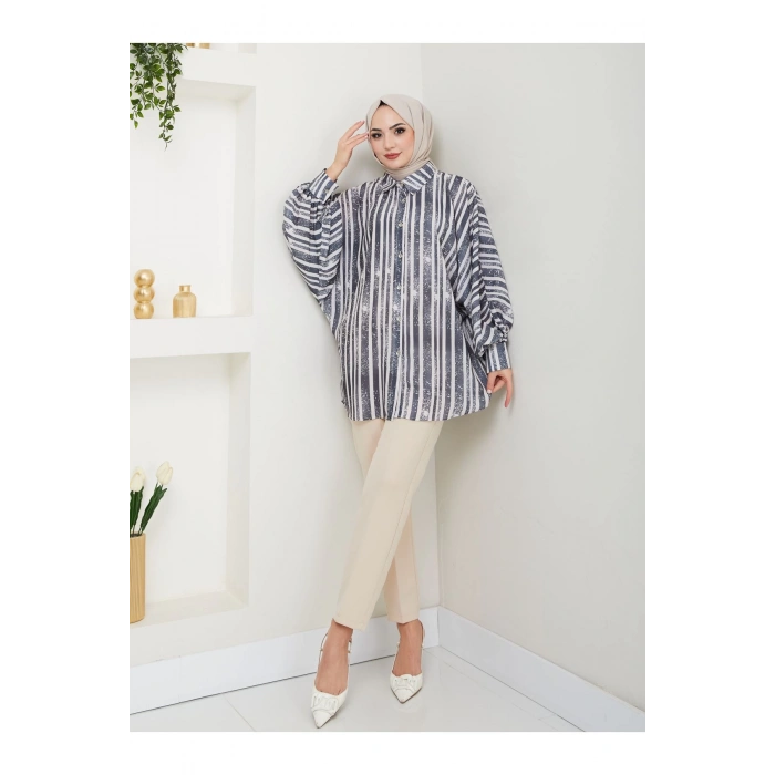 DESENLİ JESİCA GÖMLEK STANDERT BEDEN UZUN KOL 2503 SİYAH