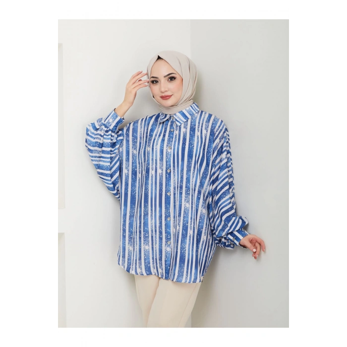 DESENLİ JESİCA GÖMLEK STANDERT BEDEN UZUN KOL 2503 MAVİ