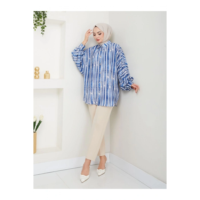 DESENLİ JESİCA GÖMLEK STANDERT BEDEN UZUN KOL 2503 MAVİ