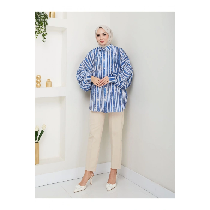 DESENLİ JESİCA GÖMLEK STANDERT BEDEN UZUN KOL 2503 MAVİ