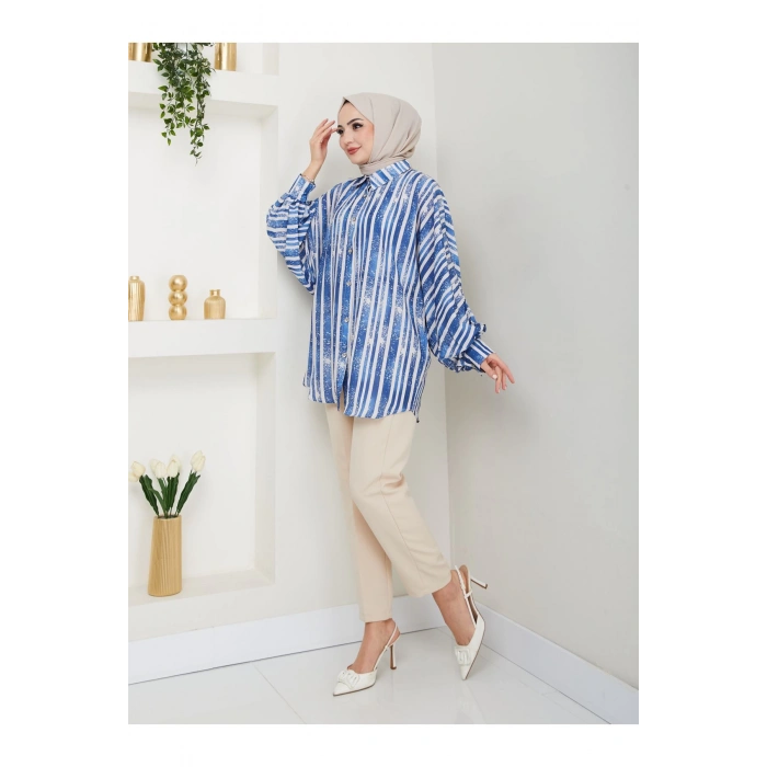 DESENLİ JESİCA GÖMLEK STANDERT BEDEN UZUN KOL 2503 MAVİ