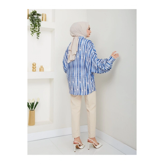 DESENLİ JESİCA GÖMLEK STANDERT BEDEN UZUN KOL 2503 MAVİ