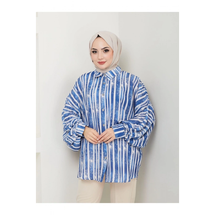 DESENLİ JESİCA GÖMLEK STANDERT BEDEN UZUN KOL 2503 MAVİ