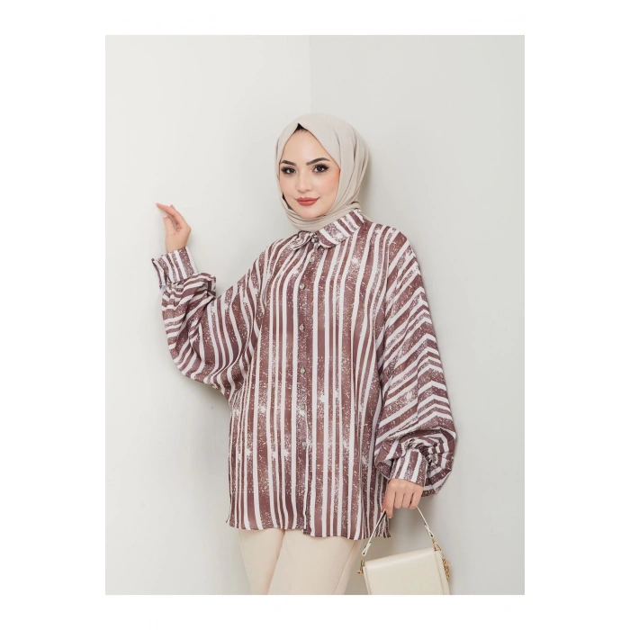 DESENLİ JESİCA GÖMLEK STANDERT BEDEN UZUN KOL 2503 KAHVE