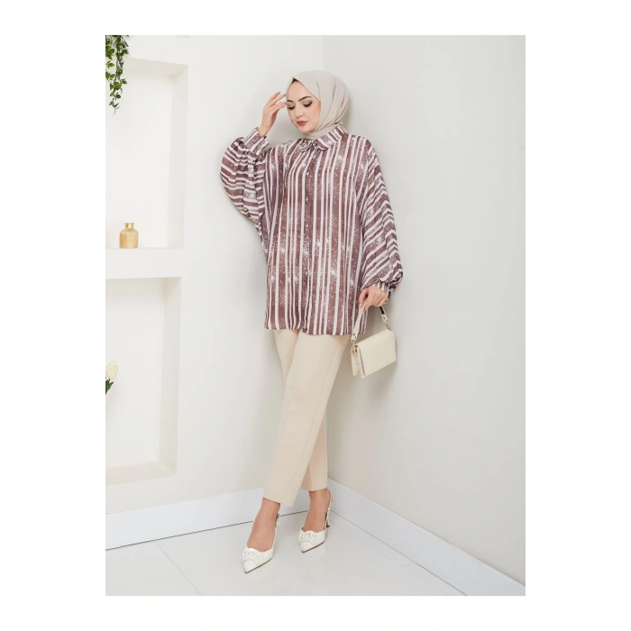 DESENLİ JESİCA GÖMLEK STANDERT BEDEN UZUN KOL 2503 KAHVE