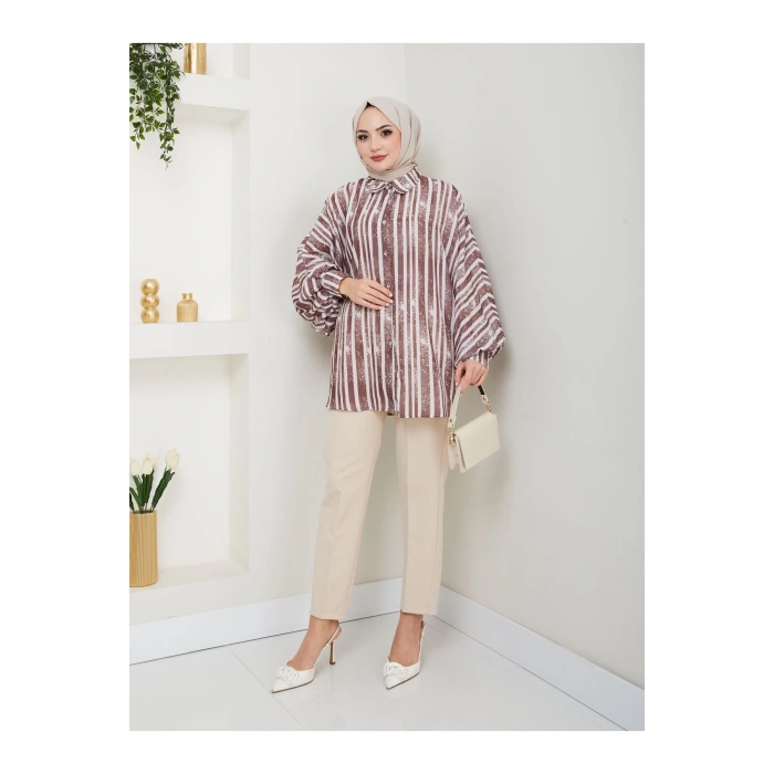 DESENLİ JESİCA GÖMLEK STANDERT BEDEN UZUN KOL 2503 KAHVE