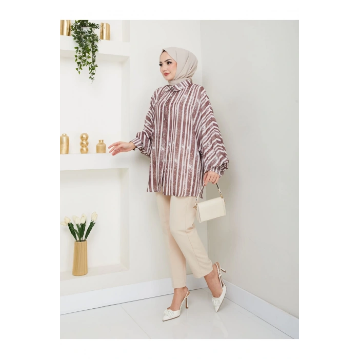 DESENLİ JESİCA GÖMLEK STANDERT BEDEN UZUN KOL 2503 KAHVE