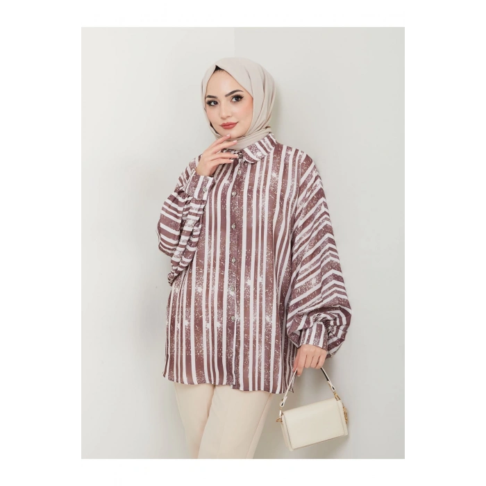 DESENLİ JESİCA GÖMLEK STANDERT BEDEN UZUN KOL 2503 KAHVE