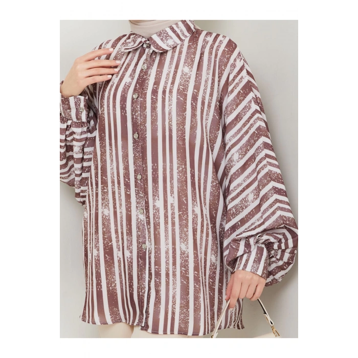 DESENLİ JESİCA GÖMLEK STANDERT BEDEN UZUN KOL 2503 KAHVE