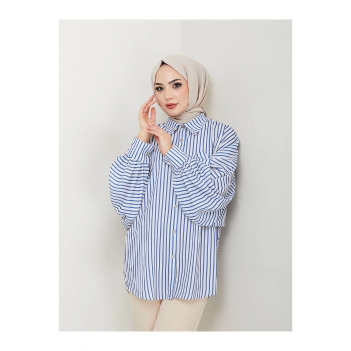 Desenli̇ Çi̇zgi̇li̇ Jesi̇ca Gömlek Standert Beden Uzun Kol 2506 Laci̇vert