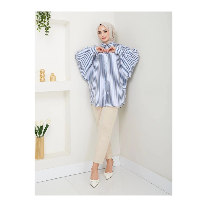 Desenli̇ Çi̇zgi̇li̇ Jesi̇ca Gömlek Standert Beden Uzun Kol 2506 Laci̇vert