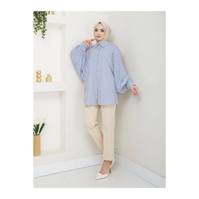 Desenli̇ Çi̇zgi̇li̇ Jesi̇ca Gömlek Standert Beden Uzun Kol 2506 Laci̇vert