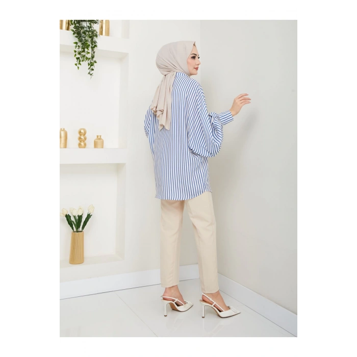 Desenli̇ Çi̇zgi̇li̇ Jesi̇ca Gömlek Standert Beden Uzun Kol 2506 Laci̇vert