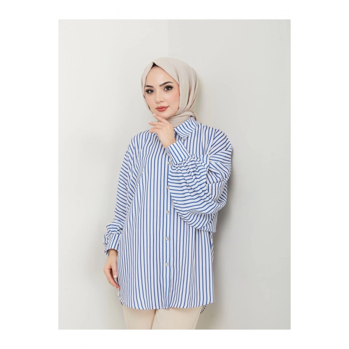 Desenli̇ Çi̇zgi̇li̇ Jesi̇ca Gömlek Standert Beden Uzun Kol 2506 Laci̇vert