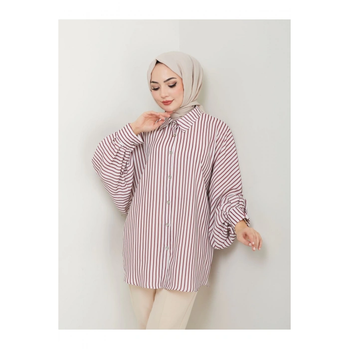 DESENLİ ÇİZGİLİ JESİCA GÖMLEK STANDERT BEDEN UZUN KOL 2506 BORDO