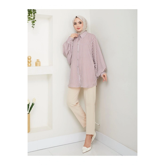 DESENLİ ÇİZGİLİ JESİCA GÖMLEK STANDERT BEDEN UZUN KOL 2506 BORDO