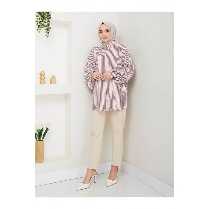 DESENLİ ÇİZGİLİ JESİCA GÖMLEK STANDERT BEDEN UZUN KOL 2506 BORDO