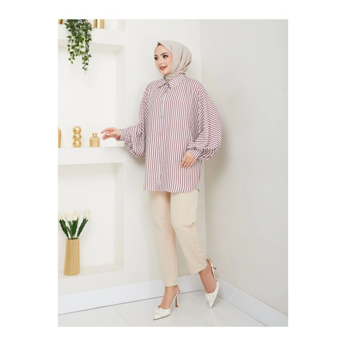 DESENLİ ÇİZGİLİ JESİCA GÖMLEK STANDERT BEDEN UZUN KOL 2506 BORDO