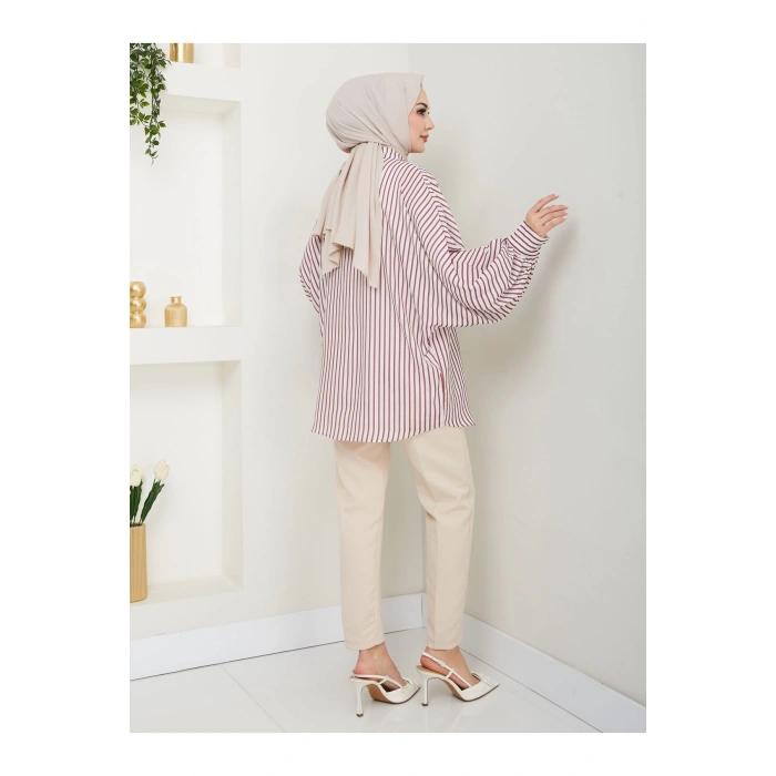 DESENLİ ÇİZGİLİ JESİCA GÖMLEK STANDERT BEDEN UZUN KOL 2506 BORDO