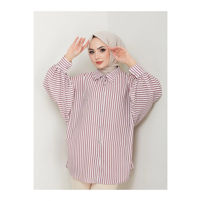 DESENLİ ÇİZGİLİ JESİCA GÖMLEK STANDERT BEDEN UZUN KOL 2506 BORDO