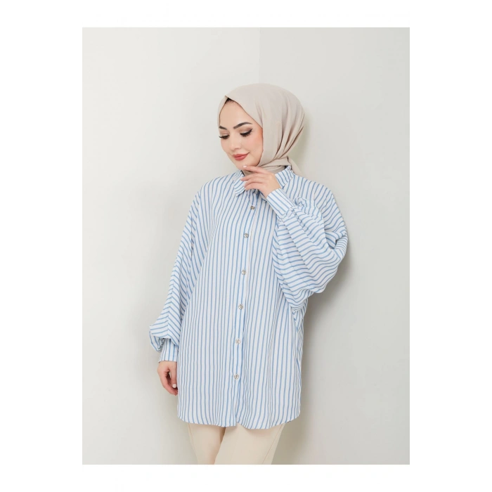 DESENLİ ÇİZGİLİ JESİCA GÖMLEK STANDERT BEDEN UZUN KOL 2506 MAVİ