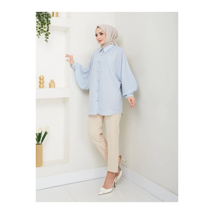 DESENLİ ÇİZGİLİ JESİCA GÖMLEK STANDERT BEDEN UZUN KOL 2506 MAVİ