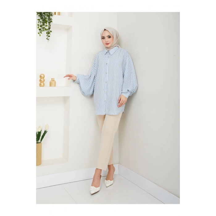 DESENLİ ÇİZGİLİ JESİCA GÖMLEK STANDERT BEDEN UZUN KOL 2506 MAVİ