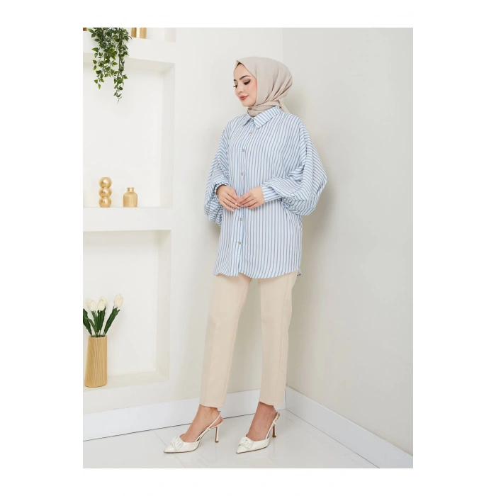 DESENLİ ÇİZGİLİ JESİCA GÖMLEK STANDERT BEDEN UZUN KOL 2506 MAVİ