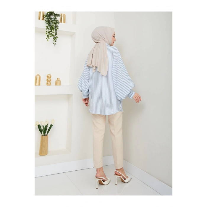 DESENLİ ÇİZGİLİ JESİCA GÖMLEK STANDERT BEDEN UZUN KOL 2506 MAVİ