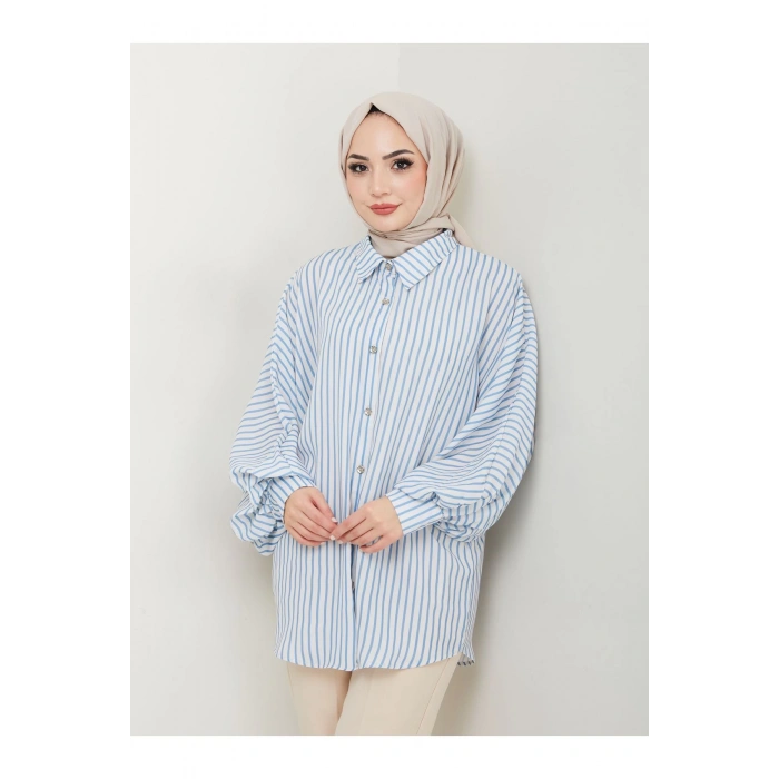 DESENLİ ÇİZGİLİ JESİCA GÖMLEK STANDERT BEDEN UZUN KOL 2506 MAVİ