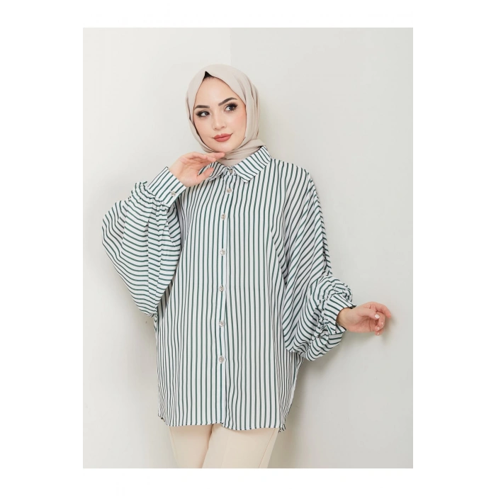 DESENLİ ÇİZGİLİ JESİCA GÖMLEK STANDERT BEDEN UZUN KOL 2506 ZÜMRÜT