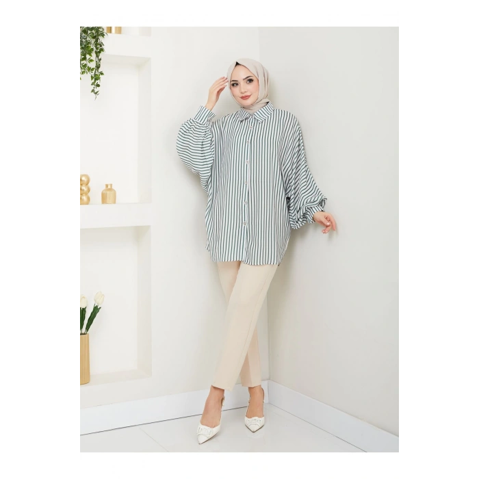 DESENLİ ÇİZGİLİ JESİCA GÖMLEK STANDERT BEDEN UZUN KOL 2506 ZÜMRÜT