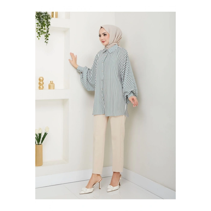 DESENLİ ÇİZGİLİ JESİCA GÖMLEK STANDERT BEDEN UZUN KOL 2506 ZÜMRÜT