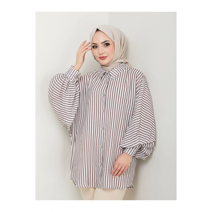 DESENLİ ÇİZGİLİ JESİCA GÖMLEK STANDERT BEDEN UZUN KOL 2506 BEJ