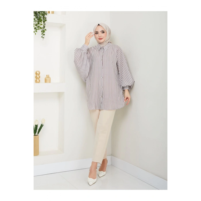 DESENLİ ÇİZGİLİ JESİCA GÖMLEK STANDERT BEDEN UZUN KOL 2506 BEJ