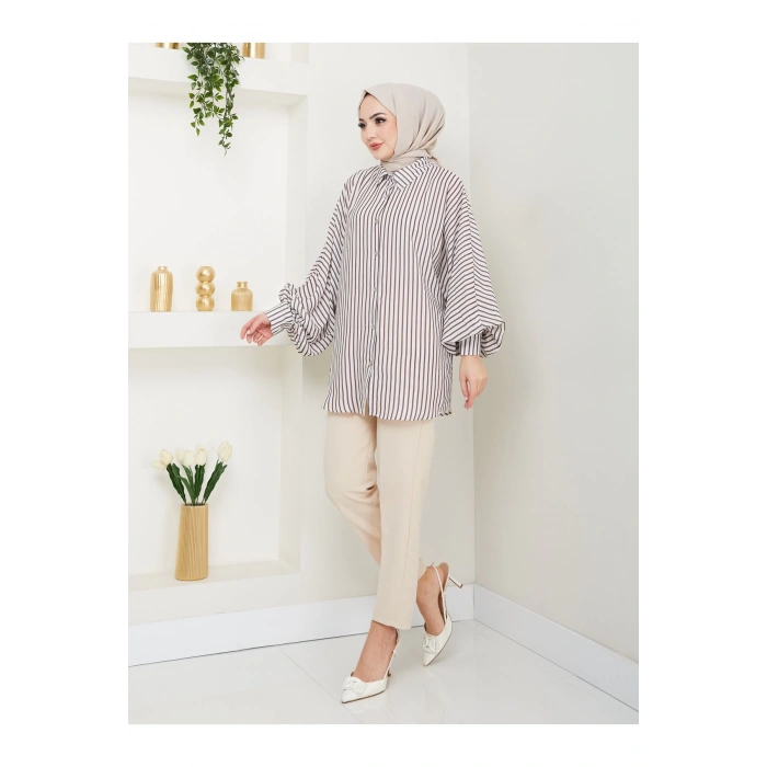 DESENLİ ÇİZGİLİ JESİCA GÖMLEK STANDERT BEDEN UZUN KOL 2506 BEJ