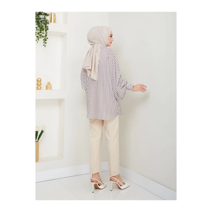 DESENLİ ÇİZGİLİ JESİCA GÖMLEK STANDERT BEDEN UZUN KOL 2506 BEJ