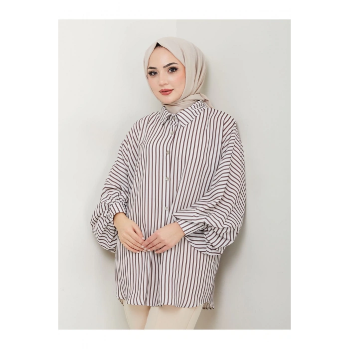 DESENLİ ÇİZGİLİ JESİCA GÖMLEK STANDERT BEDEN UZUN KOL 2506 BEJ