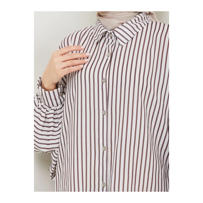 DESENLİ ÇİZGİLİ JESİCA GÖMLEK STANDERT BEDEN UZUN KOL 2506 BEJ