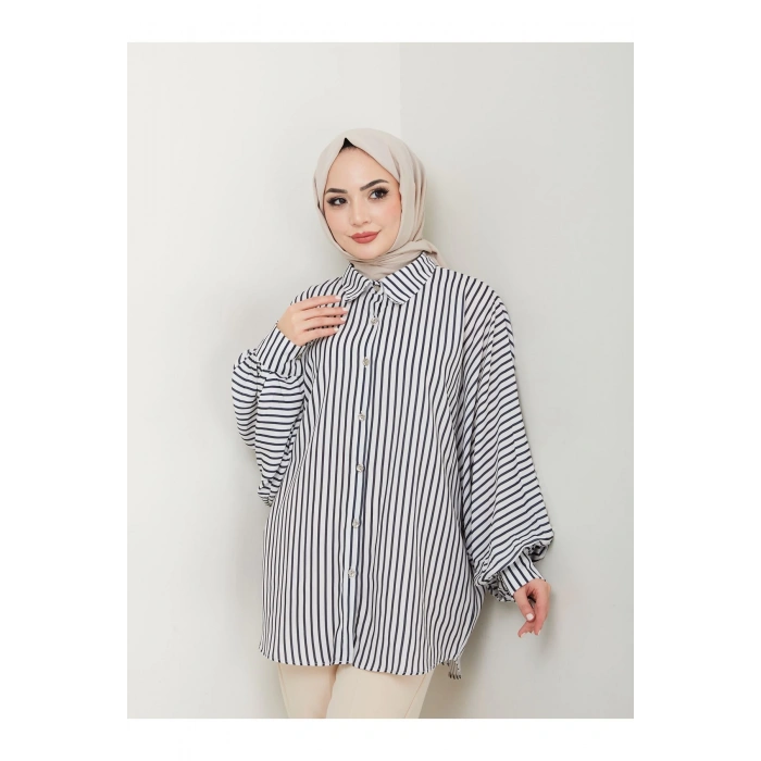 DESENLİ ÇİZGİLİ JESİCA GÖMLEK STANDERT BEDEN UZUN KOL 2506 SİYAH