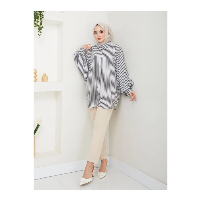 DESENLİ ÇİZGİLİ JESİCA GÖMLEK STANDERT BEDEN UZUN KOL 2506 SİYAH