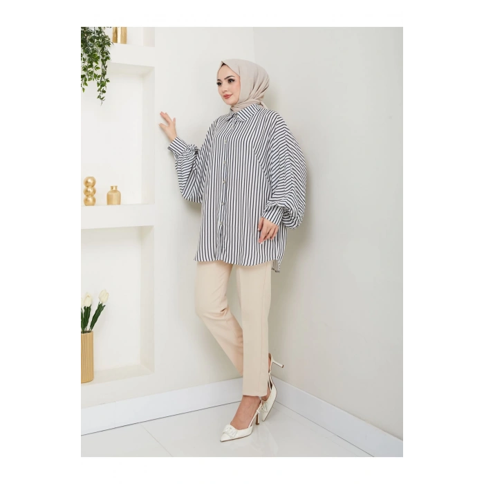 DESENLİ ÇİZGİLİ JESİCA GÖMLEK STANDERT BEDEN UZUN KOL 2506 SİYAH