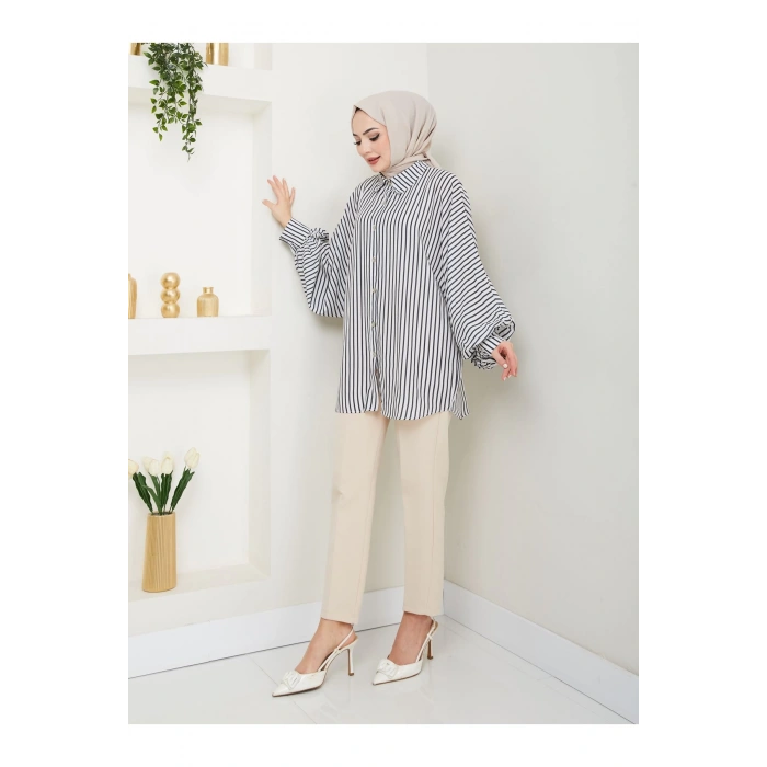 DESENLİ ÇİZGİLİ JESİCA GÖMLEK STANDERT BEDEN UZUN KOL 2506 SİYAH